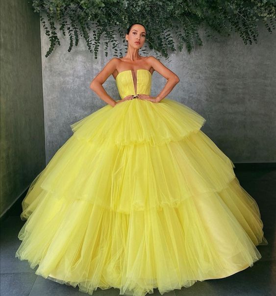 Gelbes Ballkleid mit offenem Rücken und Tüll-Lagenrock, formelles Abschlussball-Abendkleid cg20702