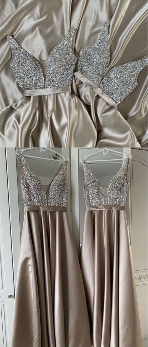 Langes Champagner-Satin-Brautjungfernkleid mit tiefem Ausschnitt und Perlenbesatz, Abschlussball-/Abendkleid cg20717