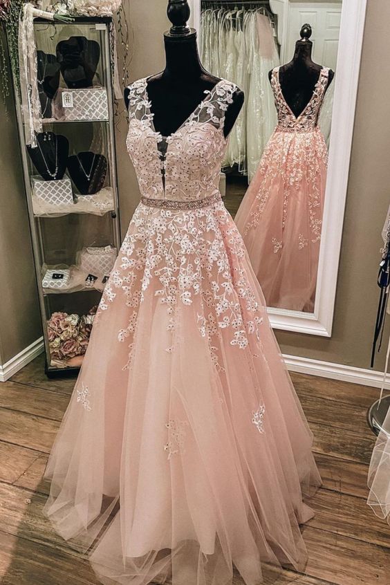 A-line pink tulle and lace appliques long prom dress formal dress cg20729