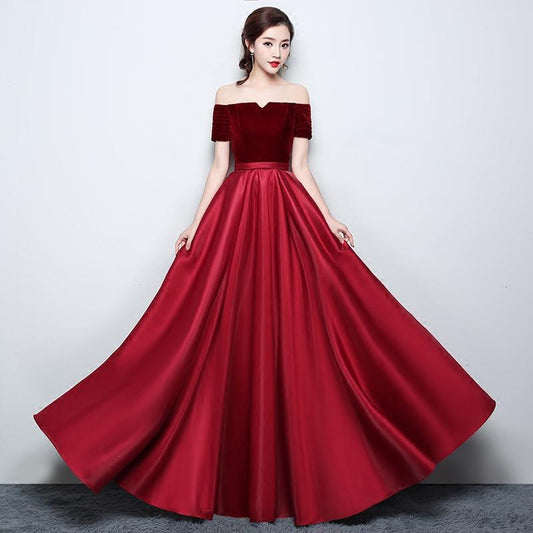 Weinrotes Satin-Ballkleid mit Samt, schulterfreies A-Linien-Abendkleid, Abendkleid cg20734