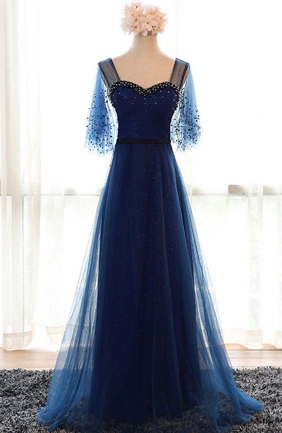 New Long Evening Dress Bride Banquet Navy Blue Sweetheart Short Sleeve Floor-length Party Formal Gown prom dress cg20746