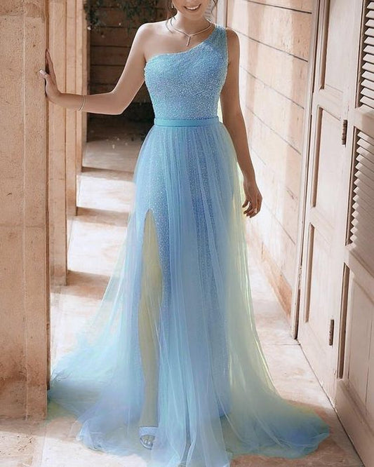 Meerjungfrau One-Shoulder-Ballkleid mit glitzernden Perlen cg20751