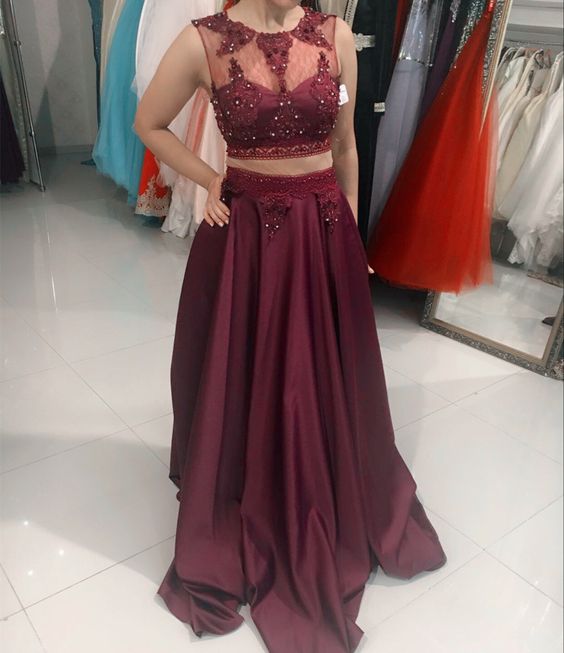 Burgunderrotes Ballkleid aus Satin, lang, zweiteilig, cg20754