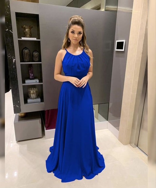 königsblaues Chiffon-Neckholder-Brautjungfernkleid für Boho-Hochzeiten, Ballkleid, lange Abendkleider, cg20759
