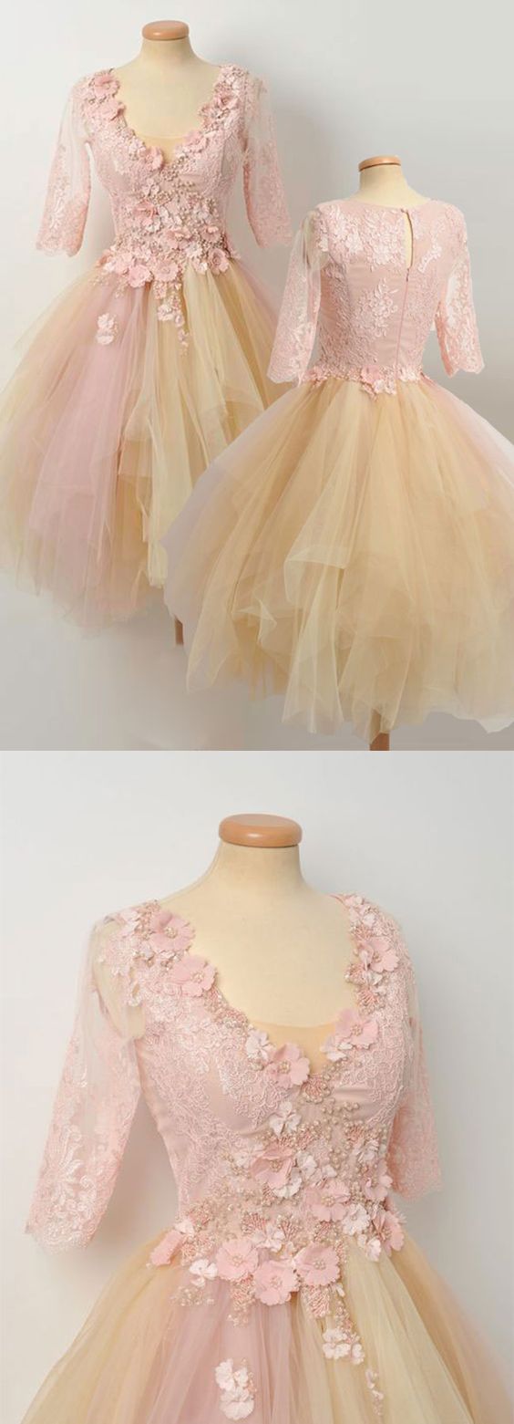 Champagne lace tulle cute homecoming dress cg20765