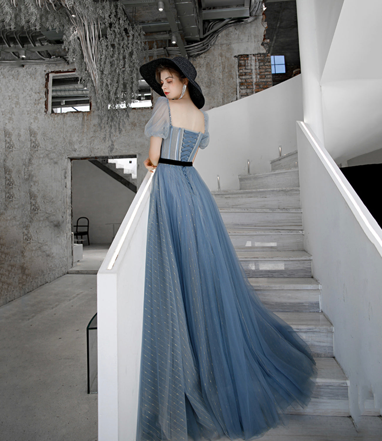 BLUE TULLE LONG A LINE PROM DRESS EVENING DRESS cg20769