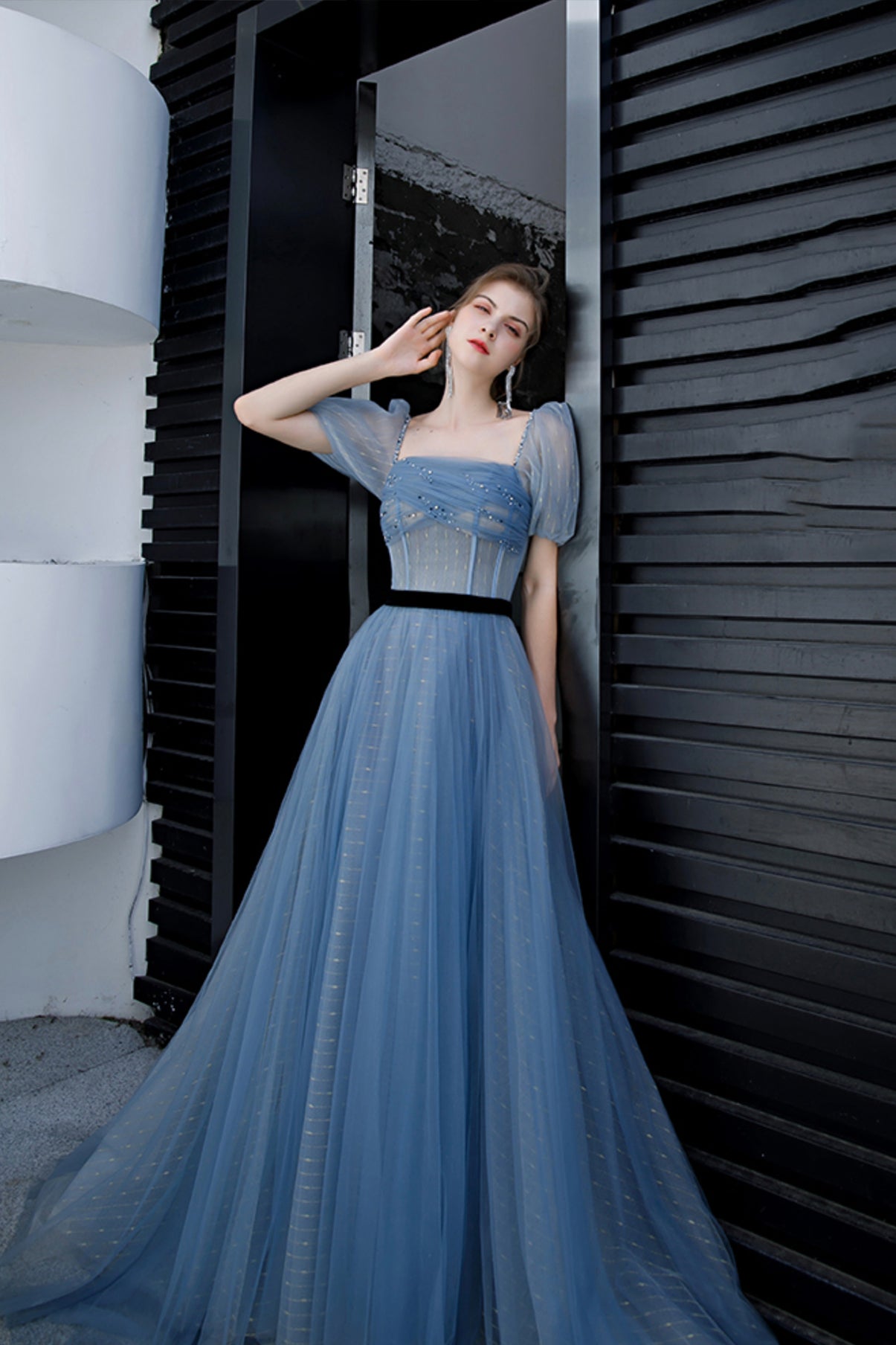 BLUE TULLE LONG A LINE PROM DRESS EVENING DRESS cg20769