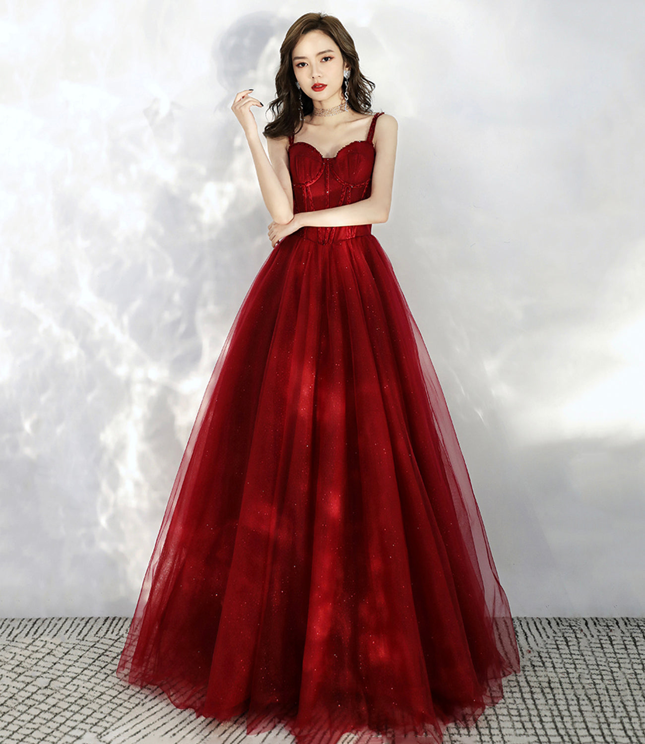 BURGUNDY TULLE LONG A LINE PROM DRESS EVENING DRESS cg20771