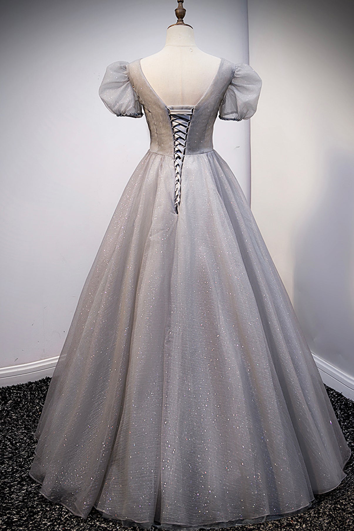 GRAY V NECK TULLE LONG A LINE PROM DRESS EVENING DRESS cg20773