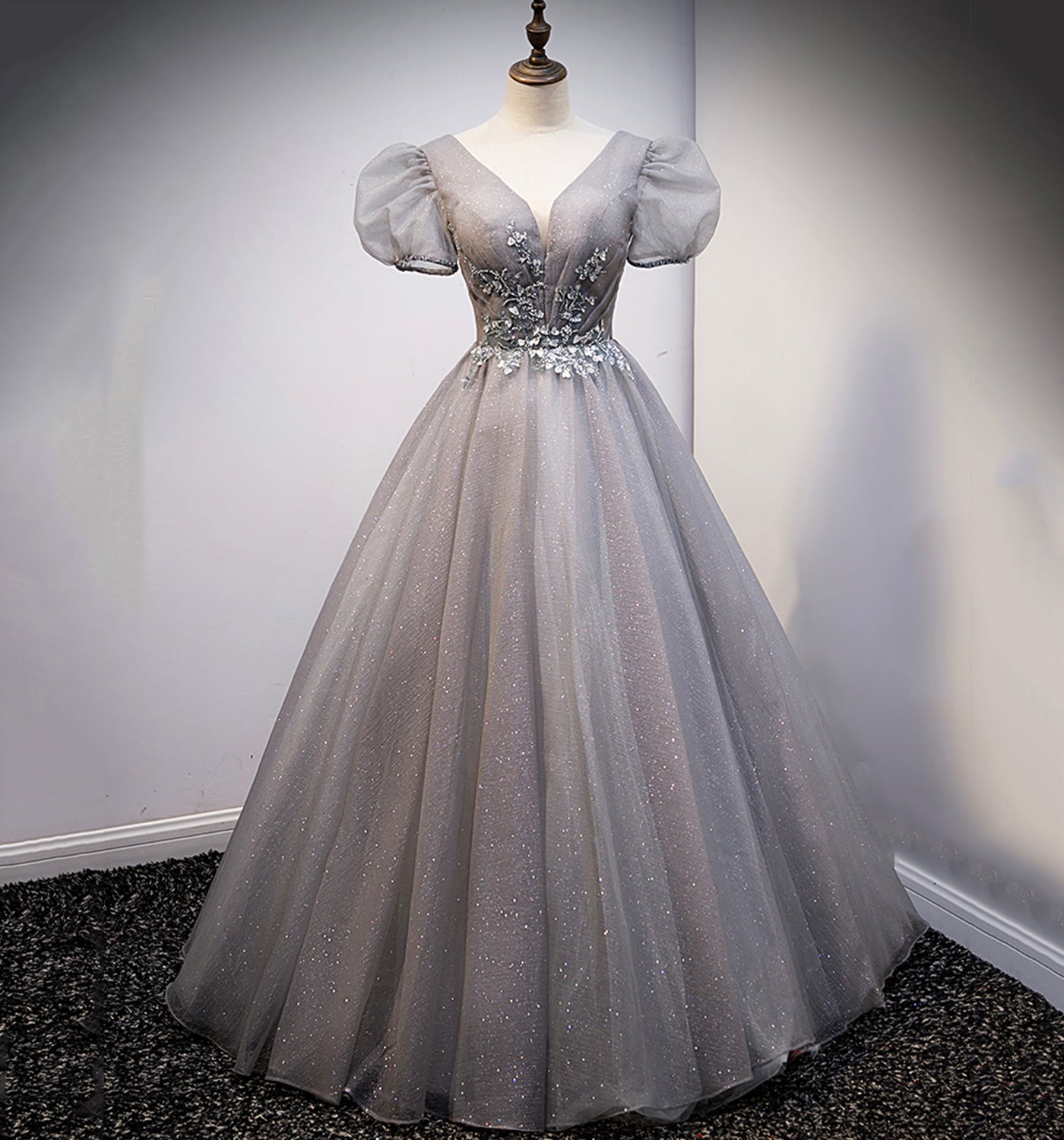 GRAY V NECK TULLE LONG A LINE PROM DRESS EVENING DRESS cg20773