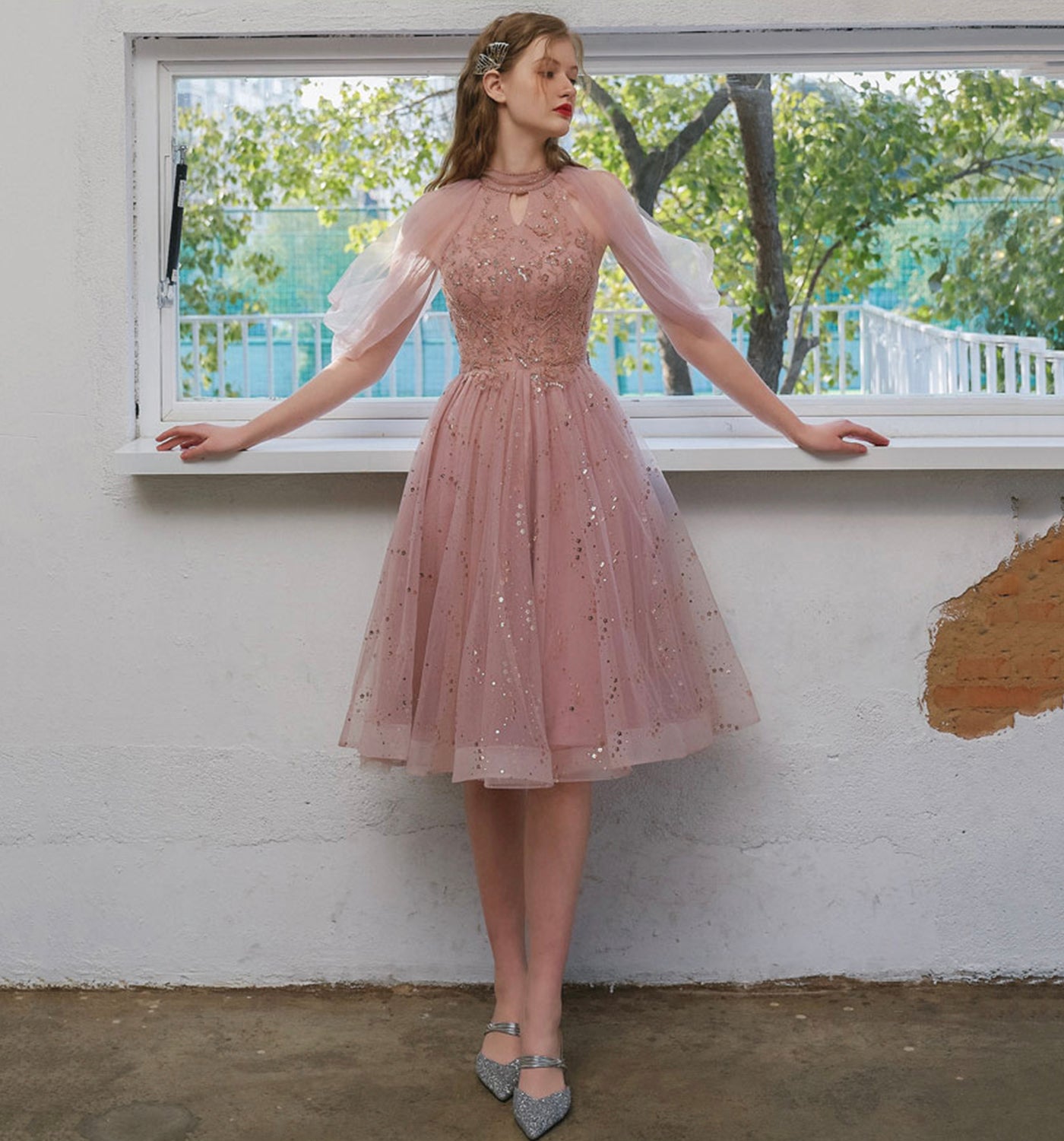 PINK TULLE BEADS SHORT HOMECOMING DRESS PARTY DRESS cg20774