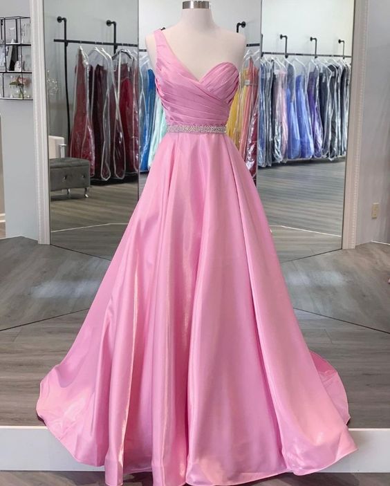 2021 rosa One-Shoulder-Ballkleid plissiertes Abendkleid cg20794