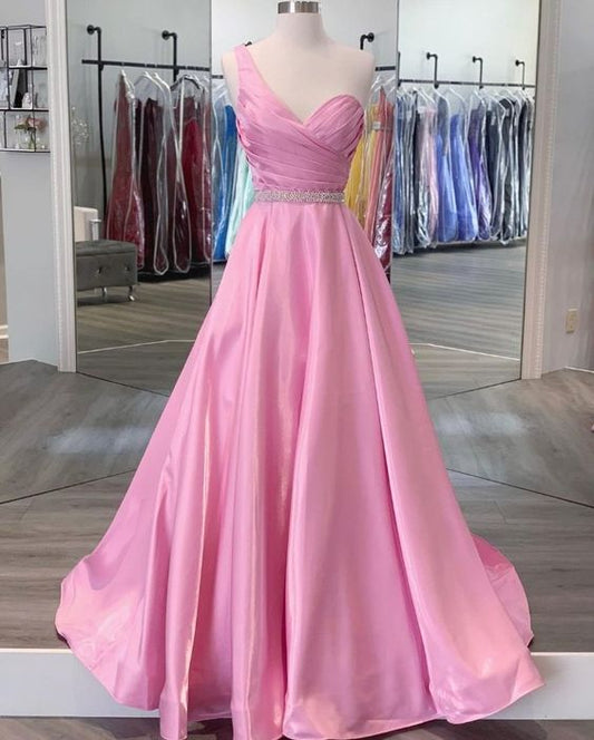 2021 rosa One-Shoulder-Ballkleid plissiertes Abendkleid cg20794