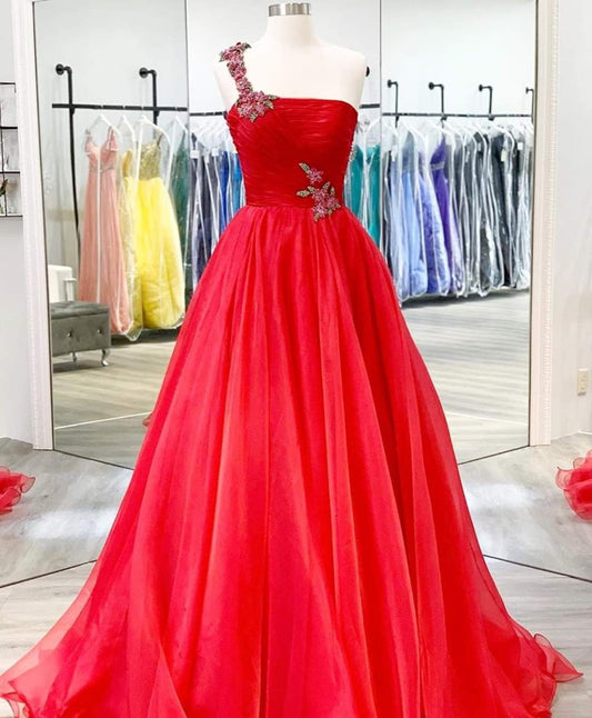 2021 rotes One-Shoulder-Ballkleid mit Plissee, formelles Kleid, cg20795