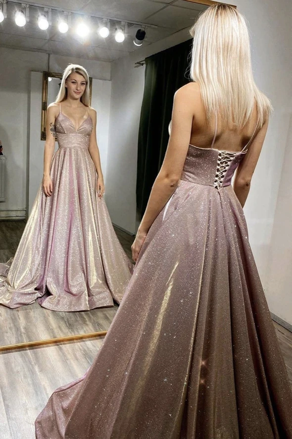 Pink v neck long A line prom dress pink evening dress cg20797