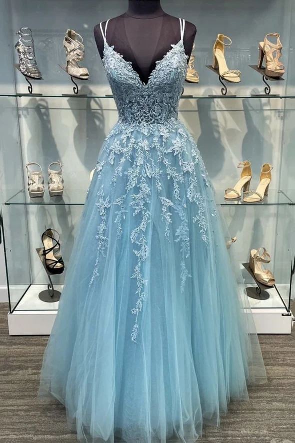 Blue tulle lace long A line prom dress evening dress cg20798