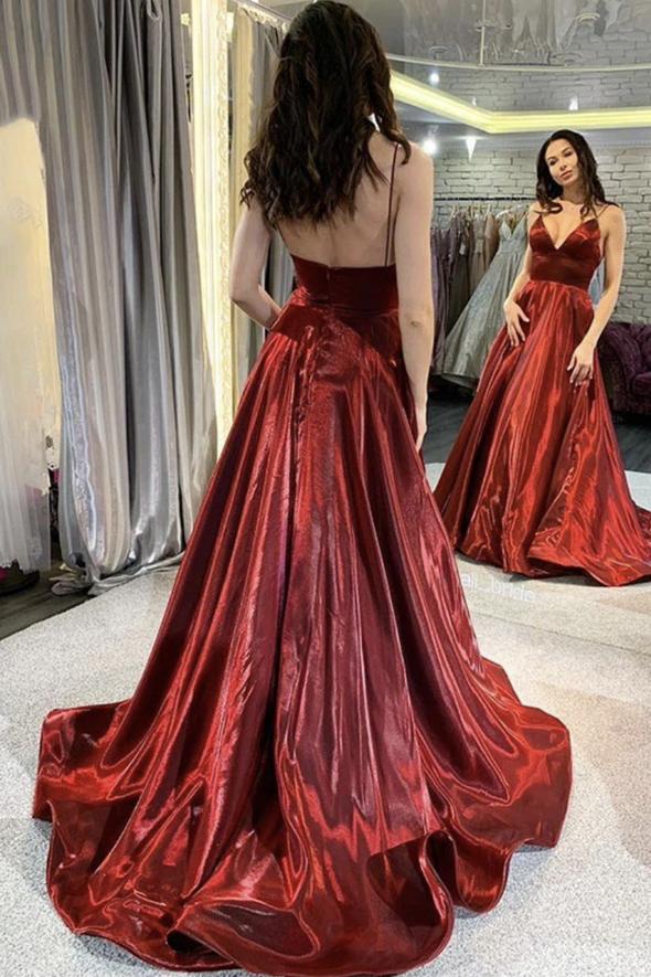Burgundy satin long A line prom dress evening dress cg20803