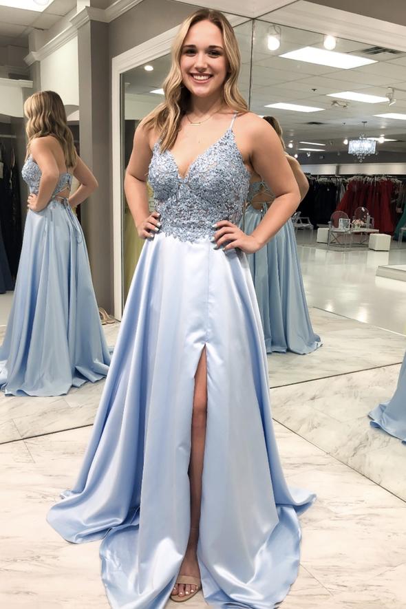 Blue v neck lace long A line prom dress evening dress cg20804