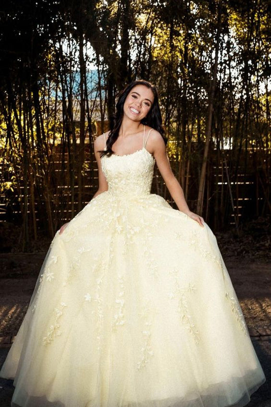gelbes langes Ballkleid mit Spitzenapplikationen, formelles Kleid, cg20814