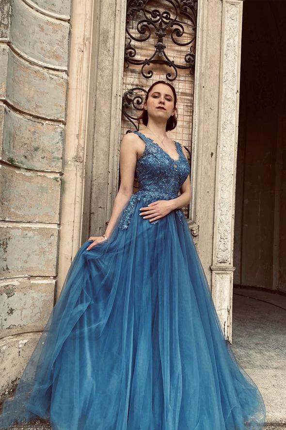 Blue v neck lace long A line prom dress evening dress cg20817