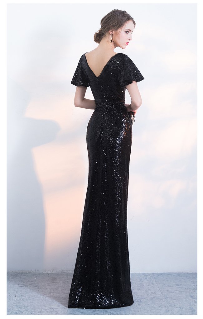 Schwarzes Brautjungfernkleid mit Pailletten, Flügelärmeln und langem V-Ausschnitt, Pailletten-Ballkleid für Junioren cg20825