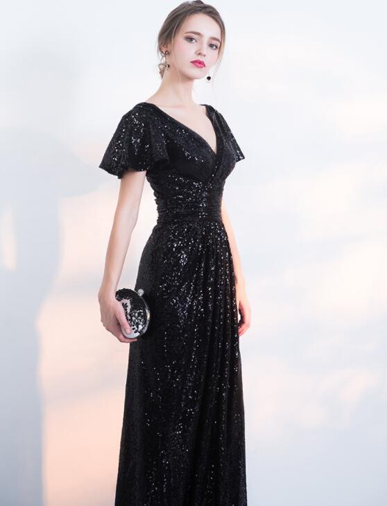 Schwarzes Brautjungfernkleid mit Pailletten, Flügelärmeln und langem V-Ausschnitt, Pailletten-Ballkleid für Junioren cg20825