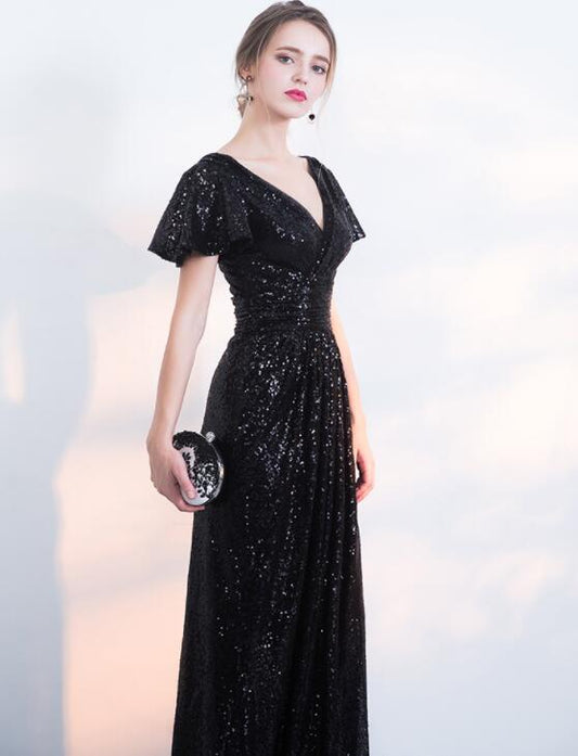 Schwarzes Brautjungfernkleid mit Pailletten, Flügelärmeln und langem V-Ausschnitt, Pailletten-Ballkleid für Junioren cg20825