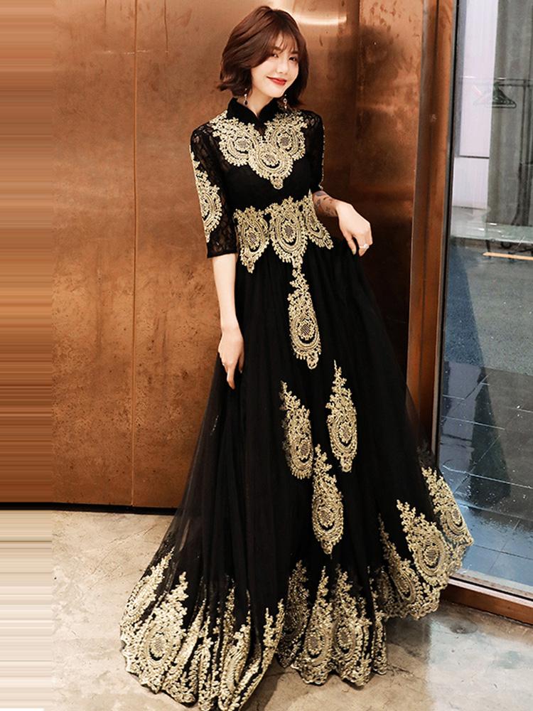 Black Tulle 1/2 Sleeves With Gold Lace Applique Party Dress, Charming Black Evening Dress Prom Dress cg20826