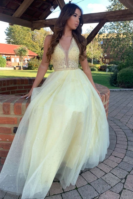 Gelbes langes Ballkleid aus Tüllspitze mit V-Ausschnitt, gelbes Abendkleid, cg20830