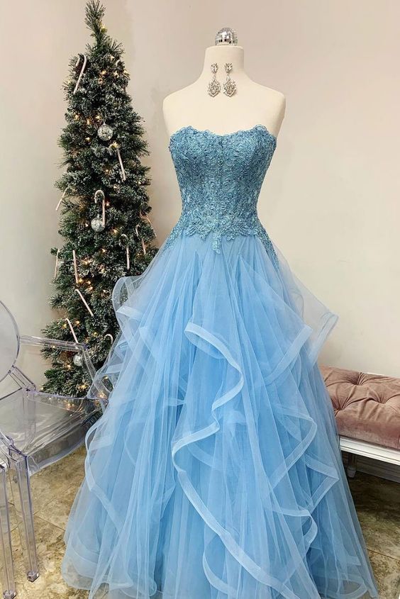 Blue Sweetheart Applique Bodice Ruffles Prom Dress Blue Tulle Formal Dress cg20863