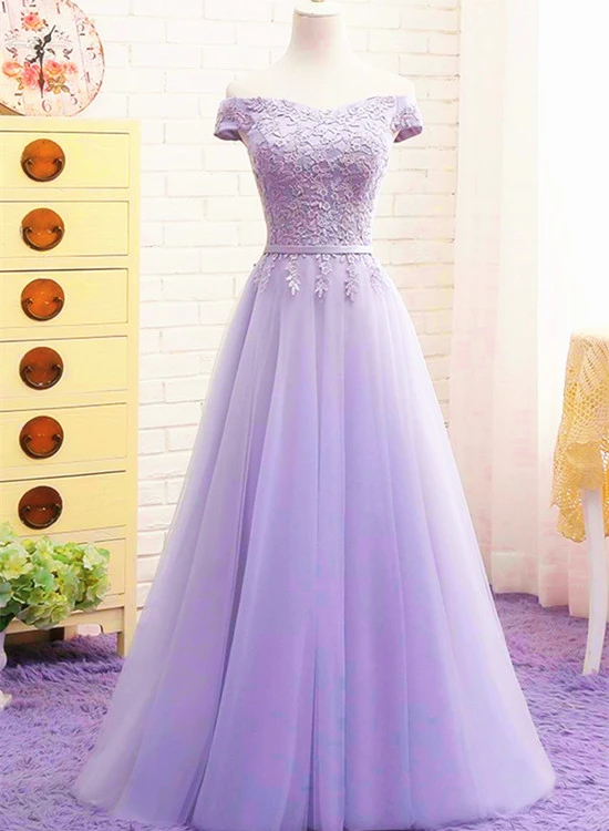 Light Purple Sweetheart Lace Applique Off Shoulder Prom Dress cg20880