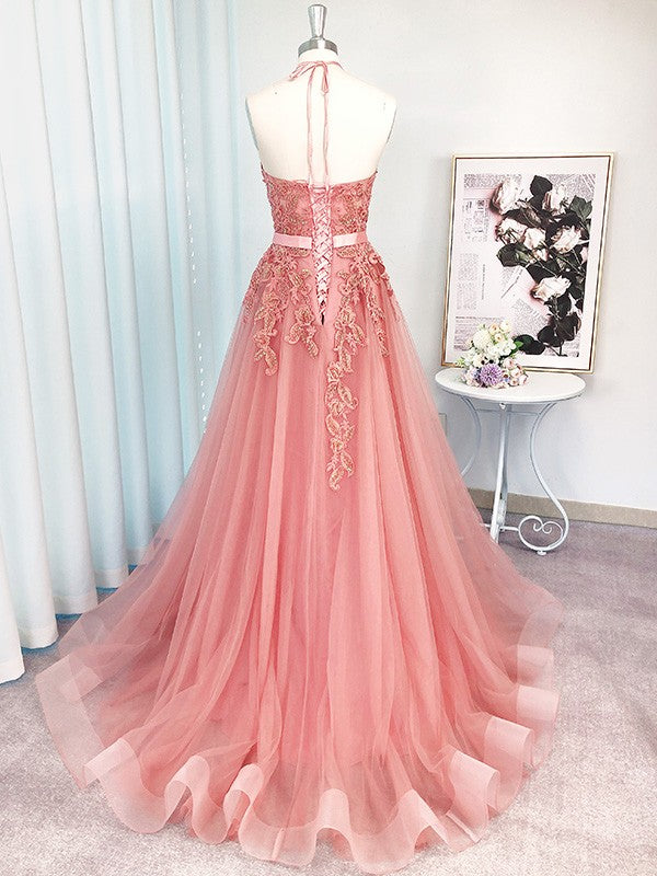 2021 A-Linie Tüll Neckholder Lange Rosa Ballkleider cg20886