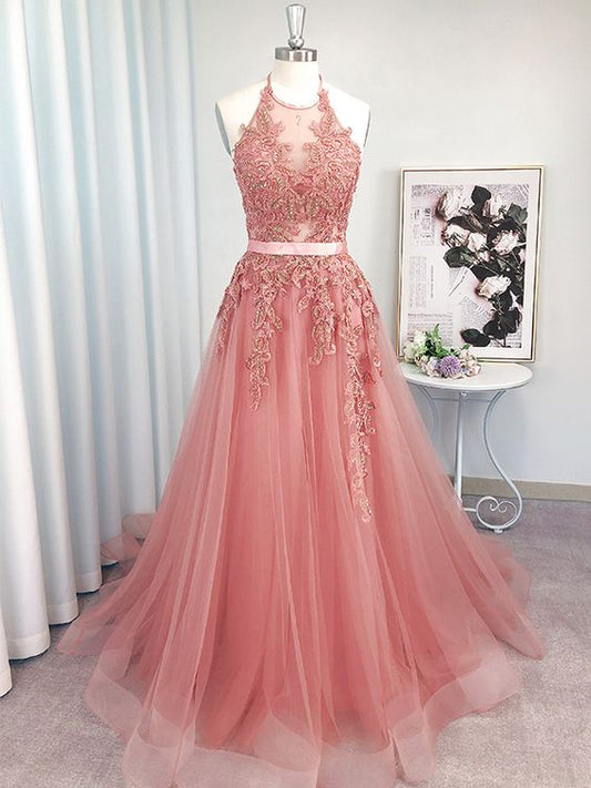 2021 A-Linie Tüll Neckholder Lange Rosa Ballkleider cg20886