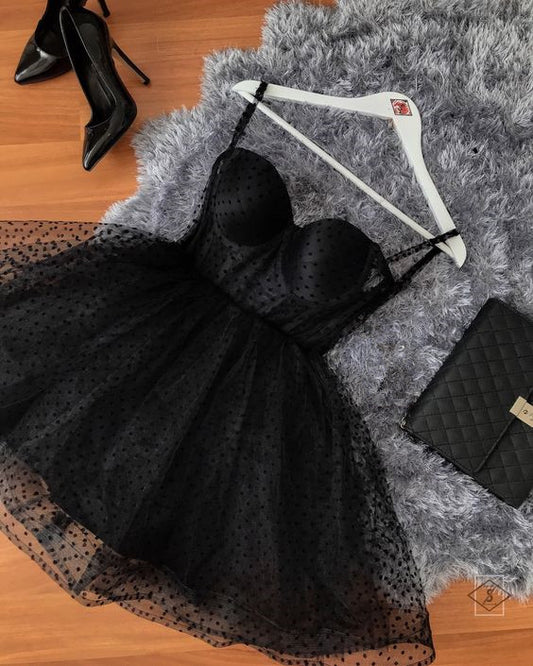 Schwarzes, gepunktetes, trägerloses Korsett-Kurzkleid aus Tüll, Homecoming-Kleid, cg20894
