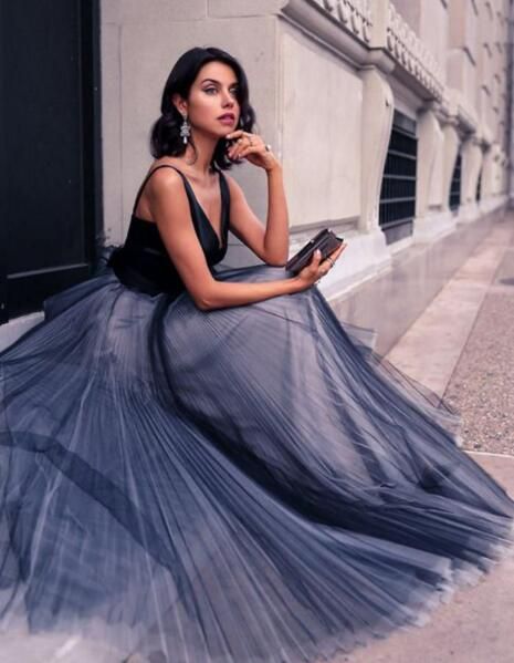 Gorgeous V-Neck Sleeveless Prom Dress,Tulle Floor Length Evening Dress,Dark Navy Satin Prom Dresses cg20900