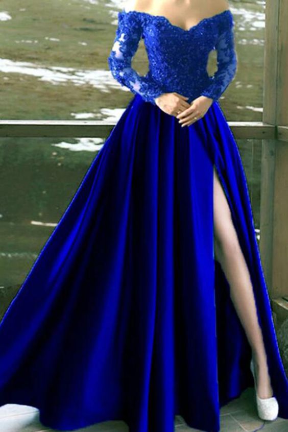 Long Sleeves Off The Shoulder Satin Lace Split Formal prom Dress Evening Gown cg20906