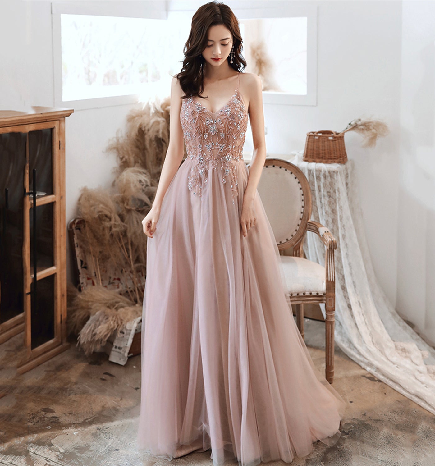 CUTE V NECK TULLE LONG A LINE PROM DRESS EVENING DRESS cg20907