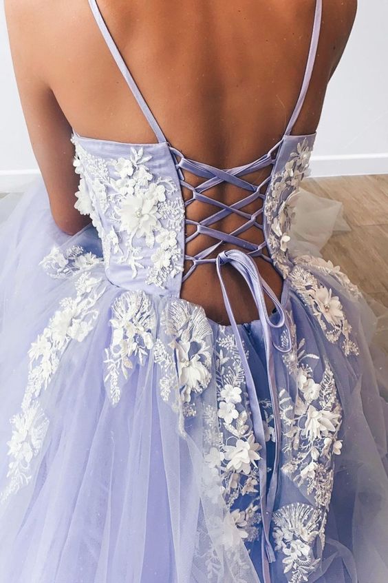 A-line lavender tulle and white lace appliques long prom dress formal dress cg20910