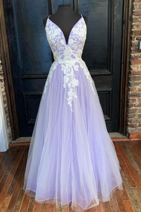 A-line lavender tulle and white lace appliques long prom dress formal dress cg20910