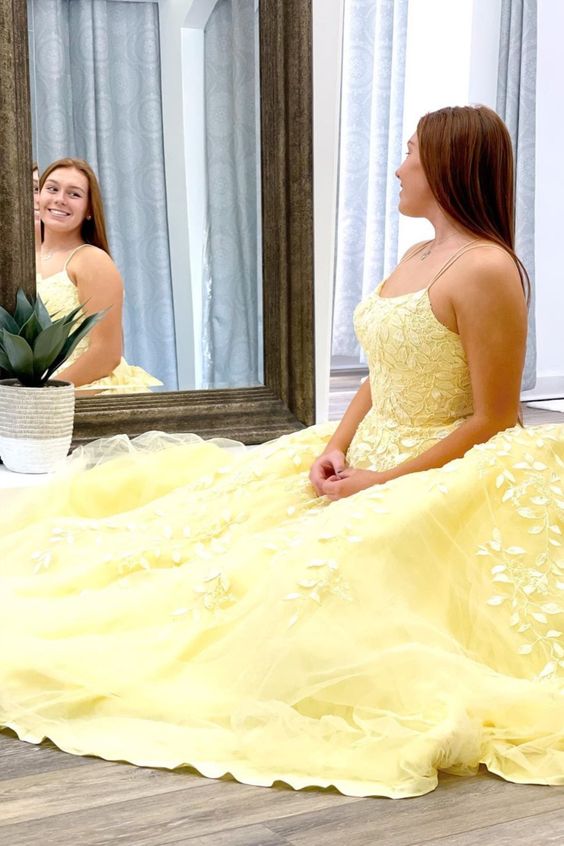 princess A-line yellow lace appliques long prom dress ball gown cg20911