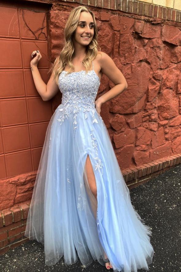 Blue lace long A line prom dress blue evening dress cg20956