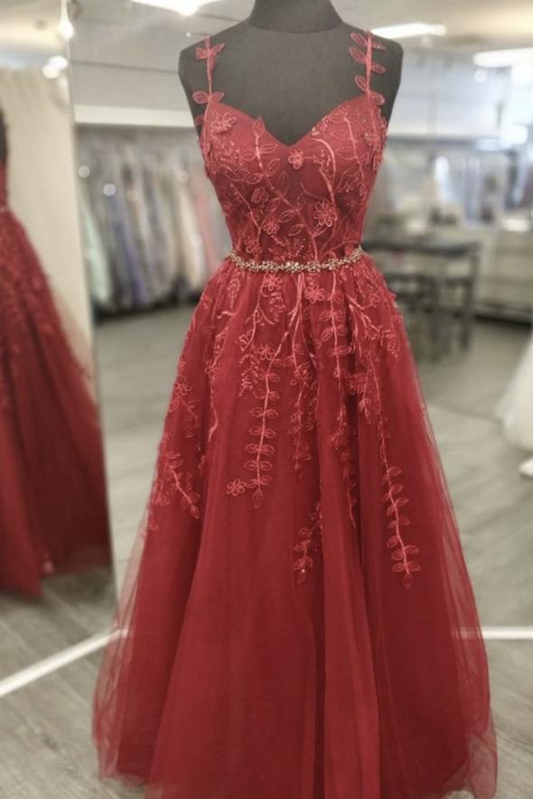 Burgundy tulle long A line prom dress evening dress cg20958