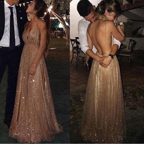 funkelndes, goldenes, langes Ballkleid, Ballkleid 2019, sexy Ballkleid mit tiefem V-Ausschnitt und rückenfreiem Schnitt, Ballkleider cg21