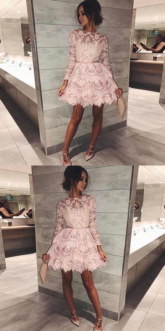 rosa kurze Homecoming-Kleider, lange Ärmel, kurze Spitzenkleider, gestuftes kurzes Homecoming-Kleid mit Spitzenärmeln cg210
