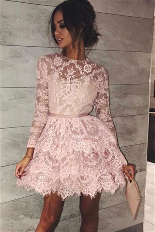 rosa kurze Homecoming-Kleider, lange Ärmel, kurze Spitzenkleider, gestuftes kurzes Homecoming-Kleid mit Spitzenärmeln cg210
