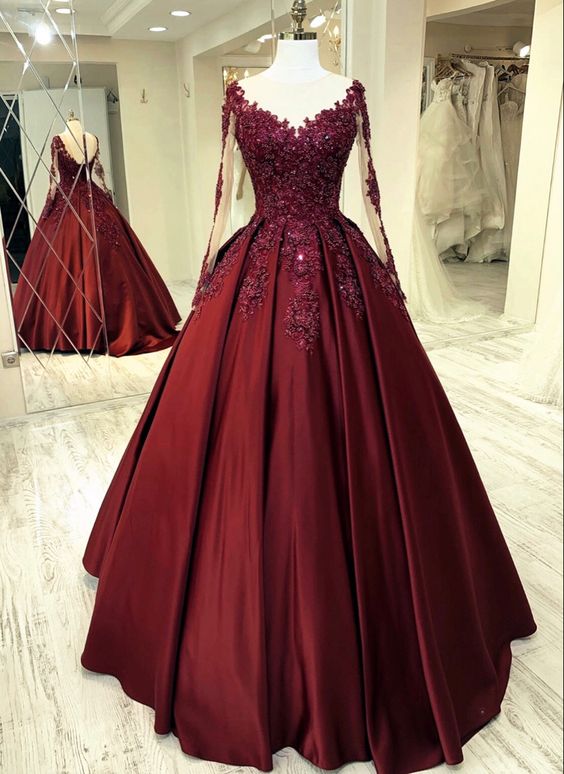 Elegant burgundy wedding dress lace long sleeves ball gown sheer neckline for women prom dress, evening dress cg21004 Elegant burgundy wedding dress lace long sleeves ball gown sheer neckline for women prom dress, evening dress cg21004