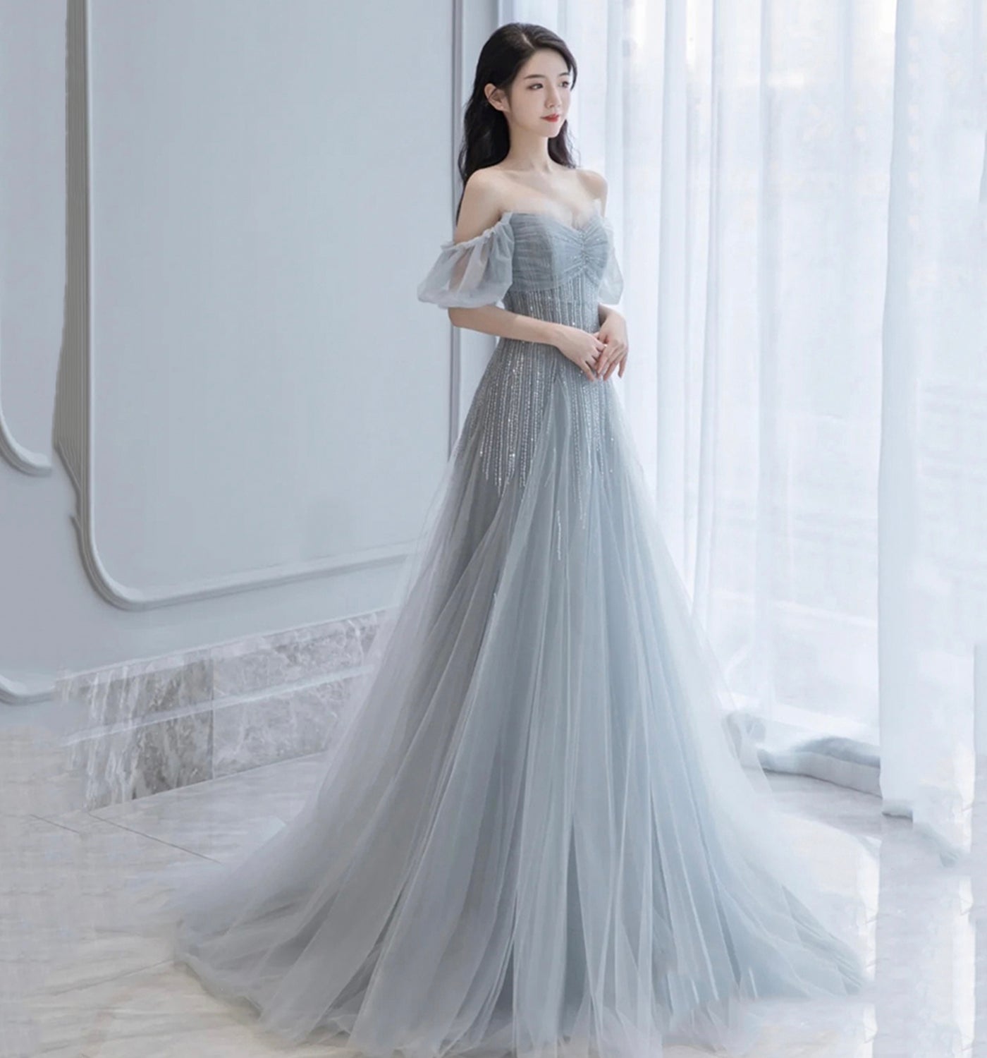 GRAY TULLE BEADS LONG A LINE PROM DRESS EVENING DRESS cg21010