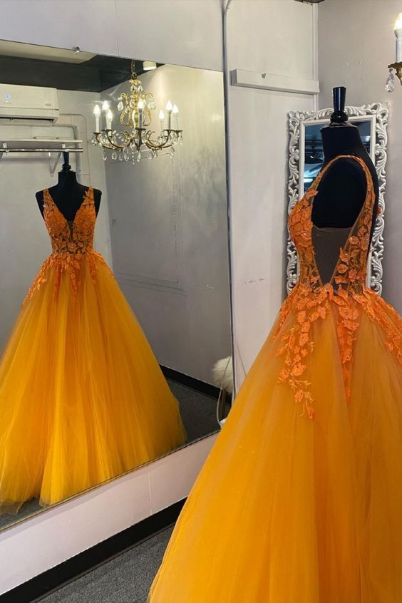 elegant v-neck orange prom dress with appliques cg21018