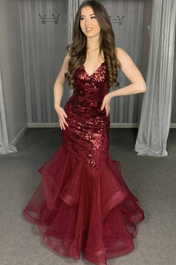 Burgundy tulle sequins long mermaid prom dress evening dress cg21022
