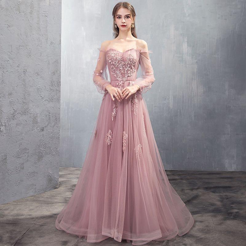 Charming Tulle Pink/Champagne Long Sleeves Junior Party Dress prom dress evening dress cg21033